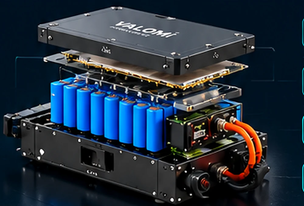Illustrative exploded lithium battery pack with cells, enclosure and electronics